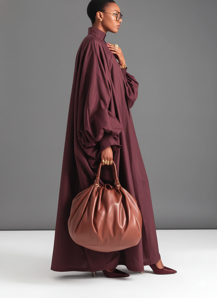 Women's Burgundy Crisp Cotton Avant-Garde Maxi Dress With High Neck & Dramatic Puff Sleeves, High-Fashion Statement Maxi Dress MDA3046J3I