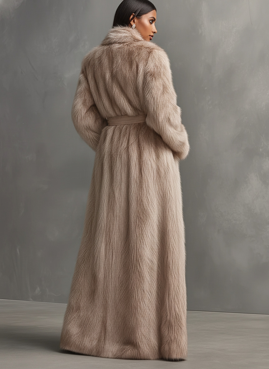 Women's Beige Luxurious Faux Fur Belted Longline Coat MDA2080J0I