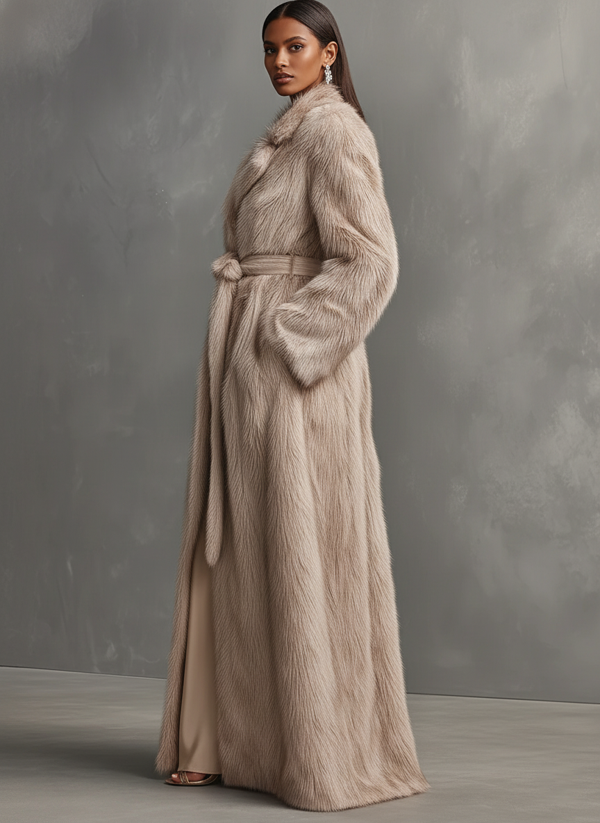 Women's Beige Luxurious Faux Fur Belted Longline Coat MDA2080J0I