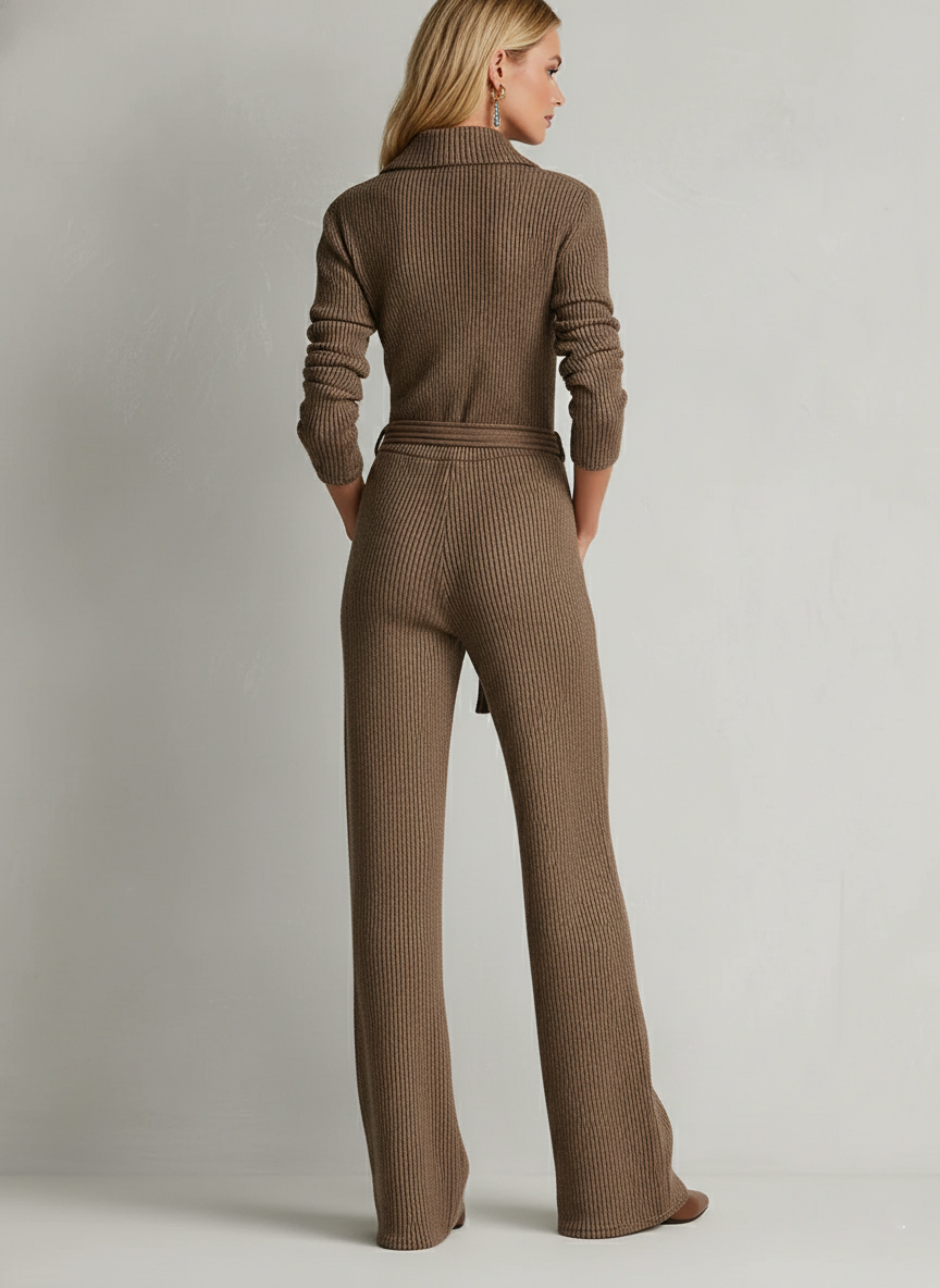 Women's Minimalist Knit Button Lapel Drawstring Straight Jumpsuit MDA2019J4Y