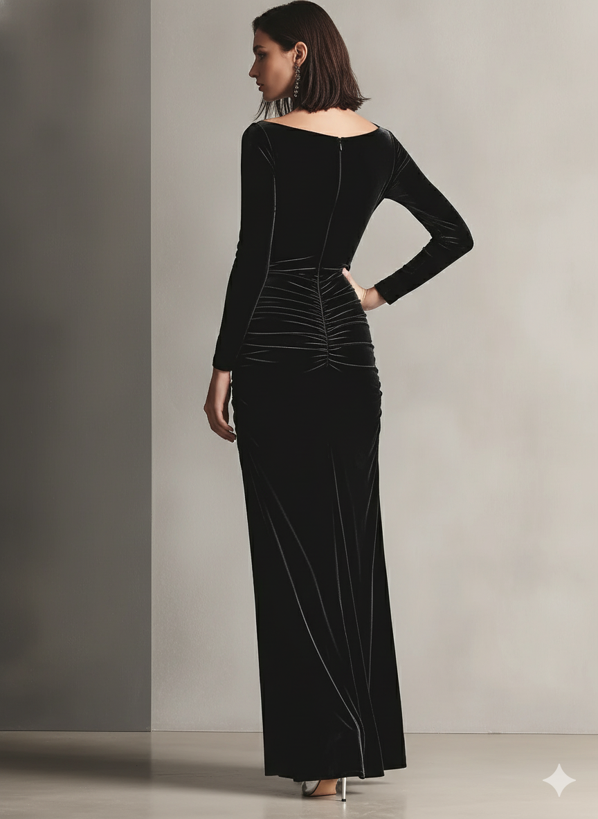 Women's Black Modern Velvet Cowl - Neck Ruched Slit Gown MDA2064J5I