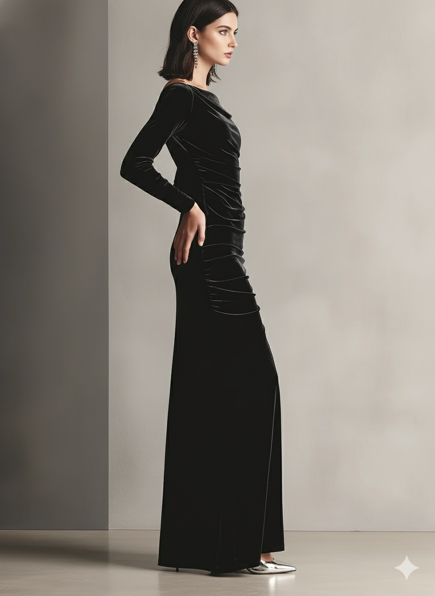 Women's Black Modern Velvet Cowl - Neck Ruched Slit Gown MDA2064J5I