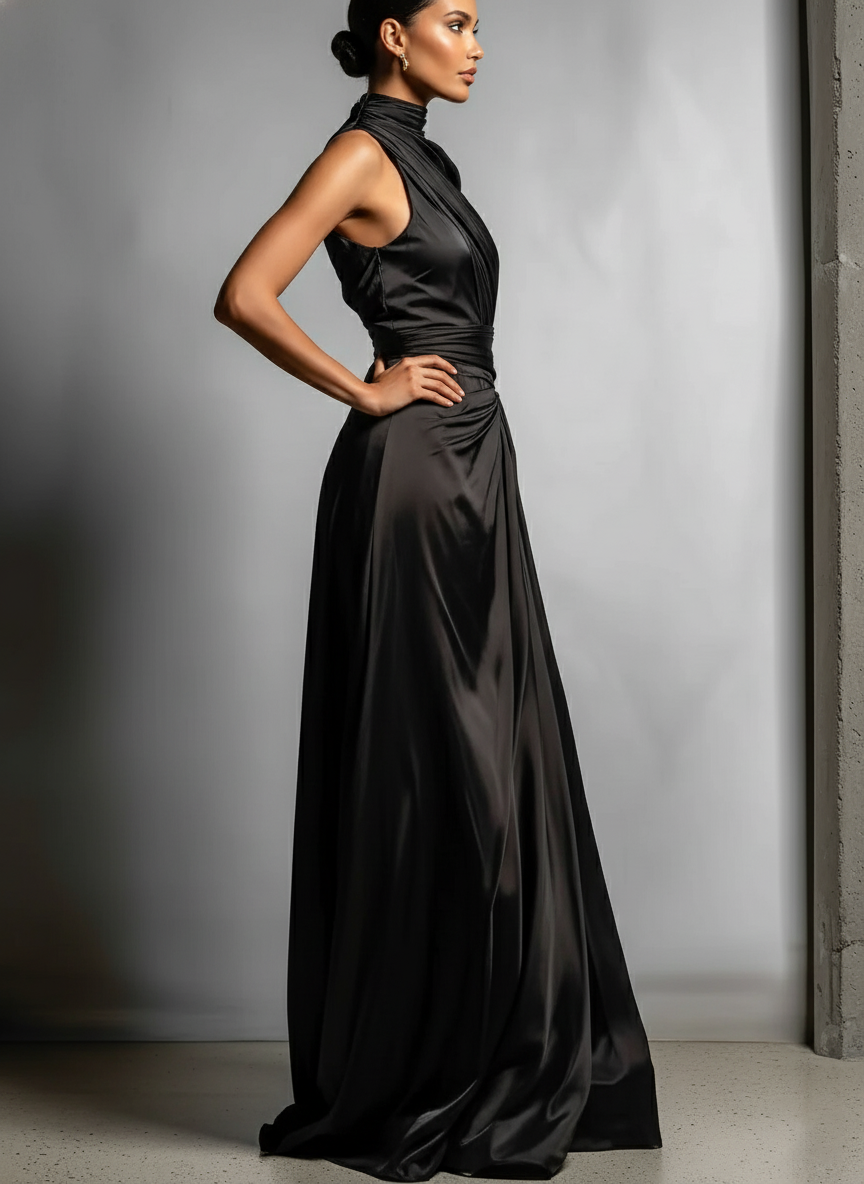 Women's Black Chic Satin Asymmetric Draped Gown MDA2095J8I