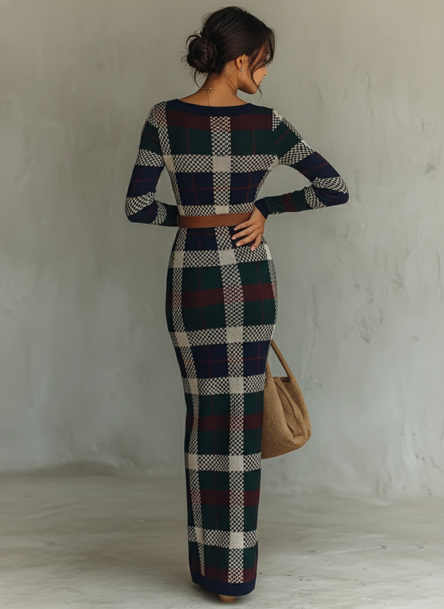 Women's Minimalist Check Knit Belted Square Neck Maxi Dress MDA2984J0Y