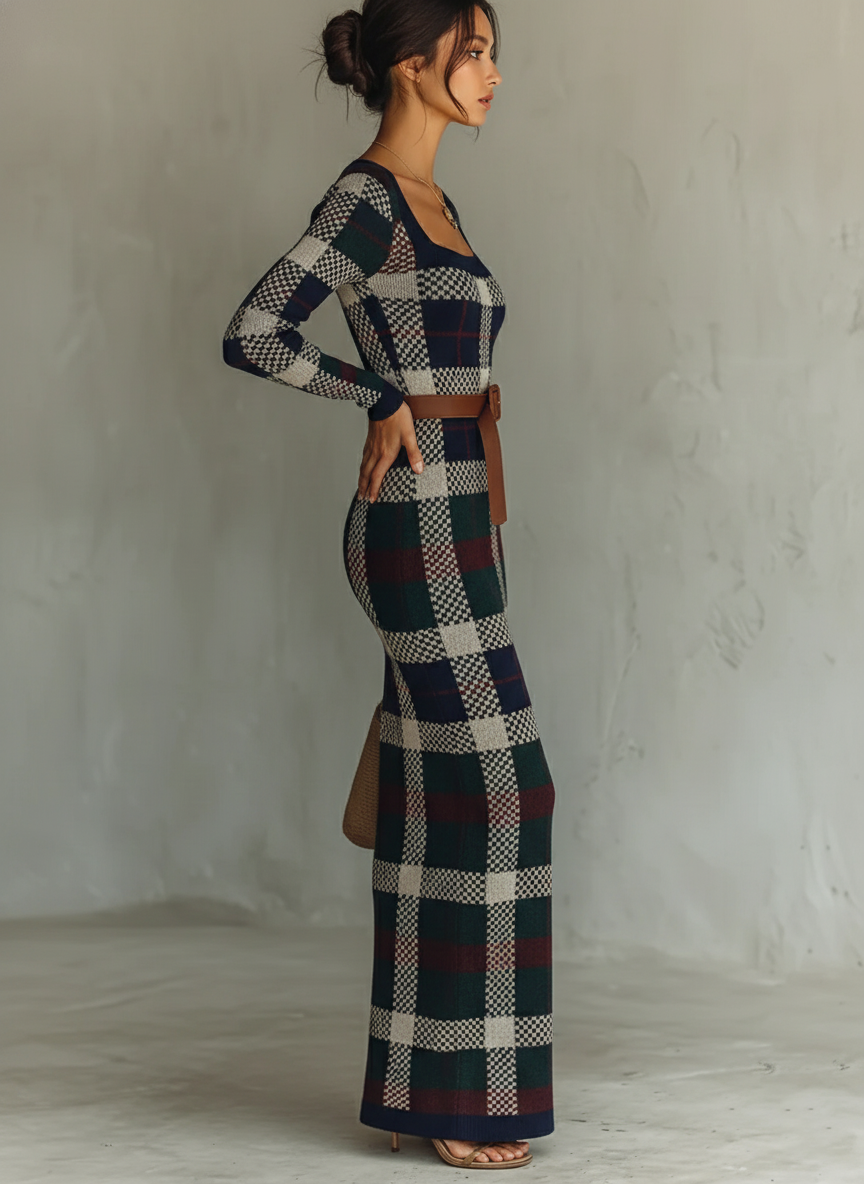 Women's Minimalist Check Knit Belted Square Neck Maxi Dress MDA2984J0Y