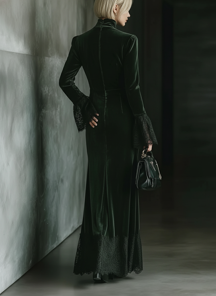 Women's Dark Green Velvet Slim-fit Maxi Dress MDA2076J0T