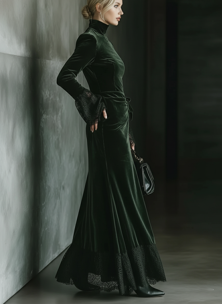 Women's Dark Green Velvet Slim-fit Maxi Dress MDA2076J0T