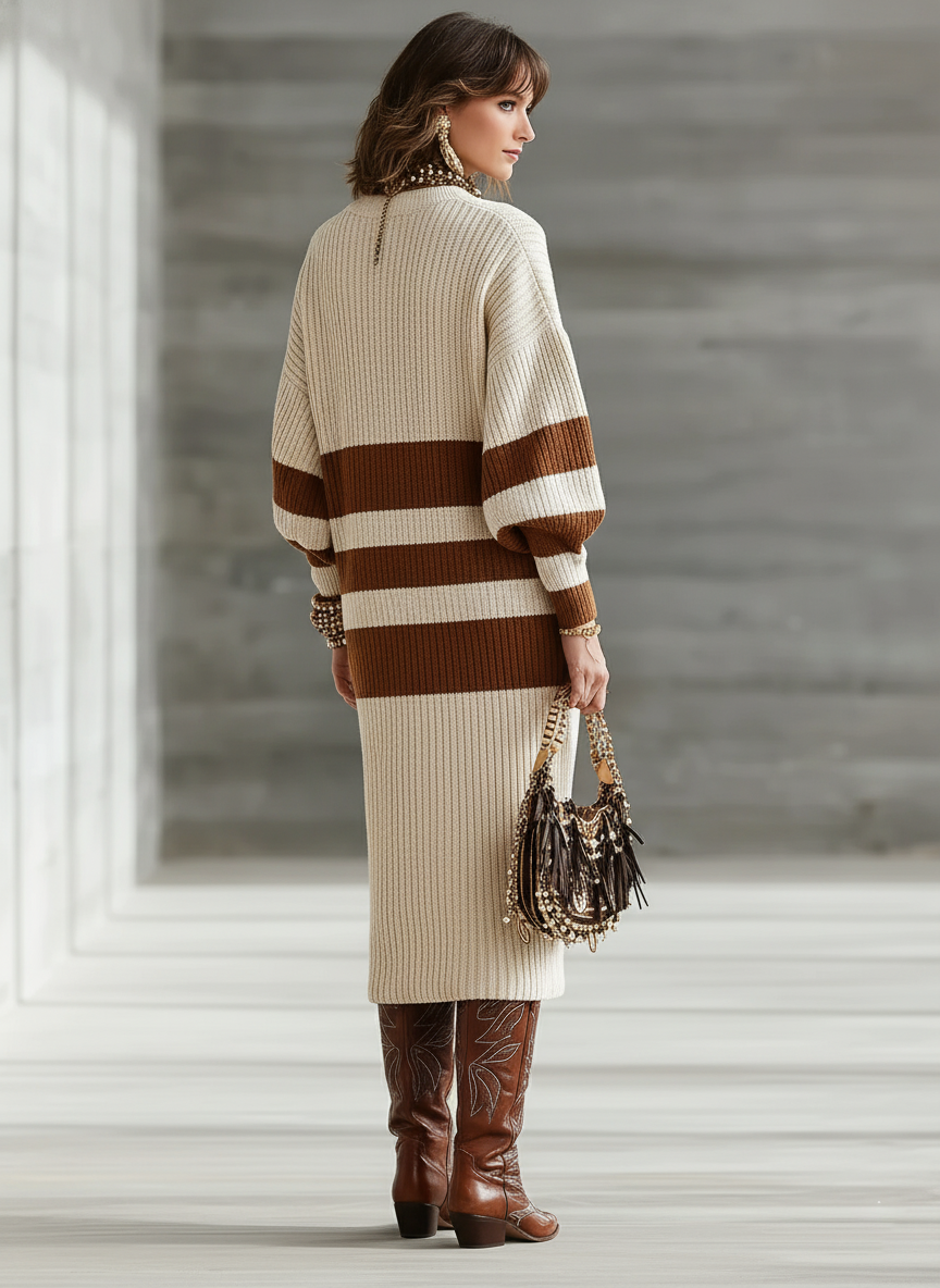 Women's Brown And Off-white Color-Blocked Ribbed Knit Puff Sleeve Midi Dress MDA3147J5T