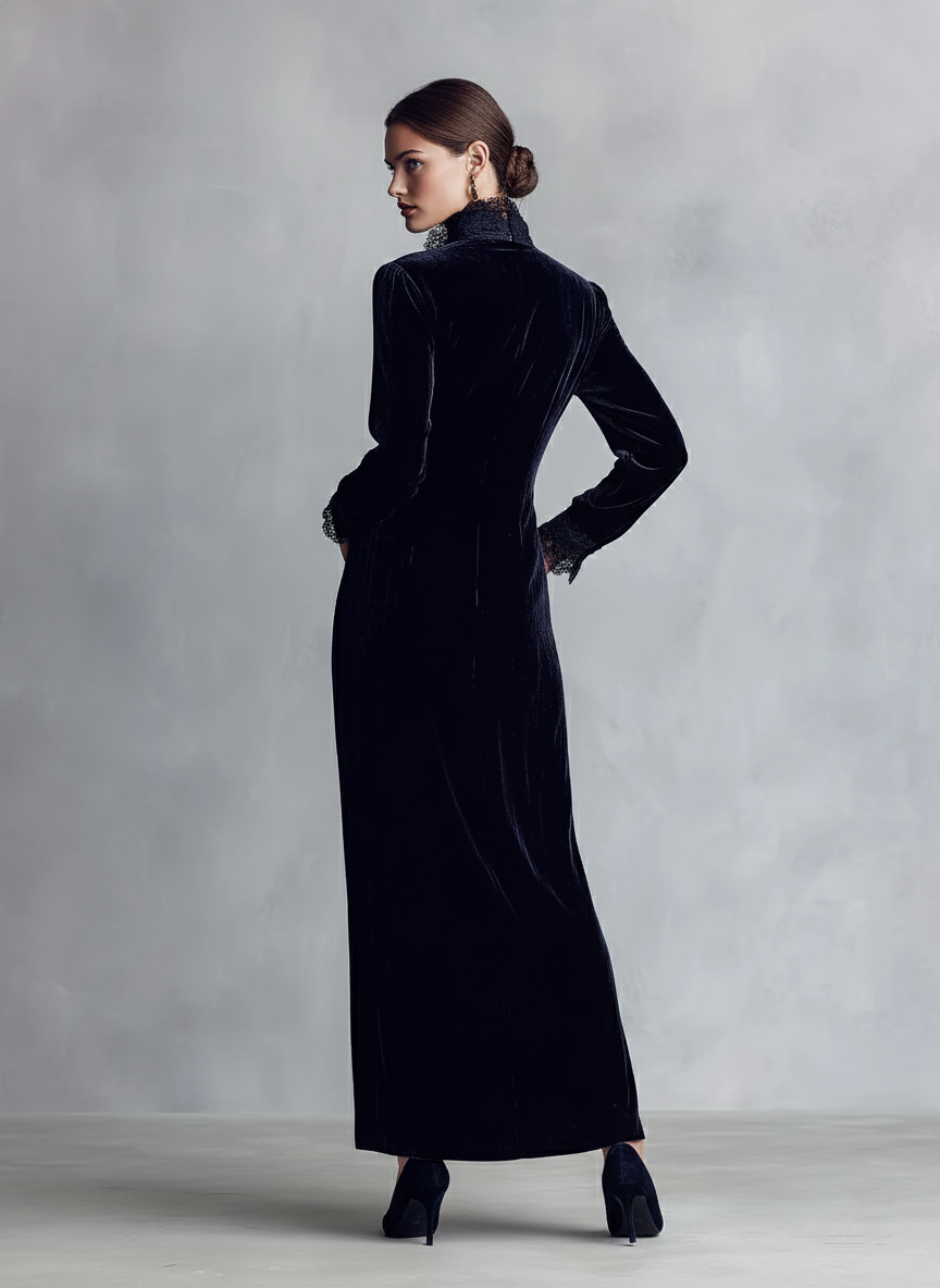 Women's Navy Elegant Velvet Lace - Trimmed Button - Front Maxi Dress MDA2189J3I