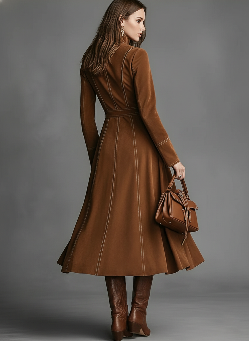 Women's Brown Suede Elegant Midi Dress With Zip-Front & Tie-Waist, Vintage Western Style Dress MDA2776J1I