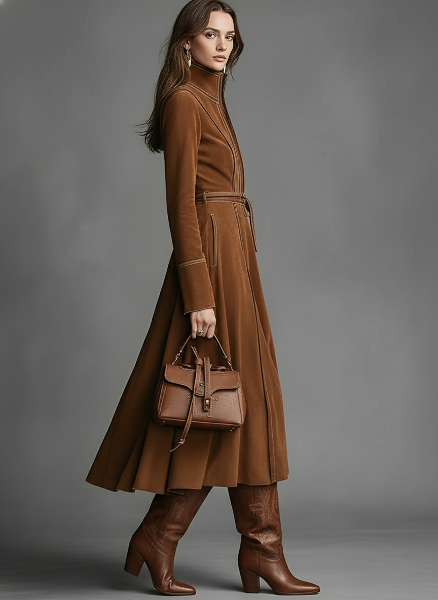 Women's Brown Suede Elegant Midi Dress With Zip-Front & Tie-Waist, Vintage Western Style Dress MDA2776J1I