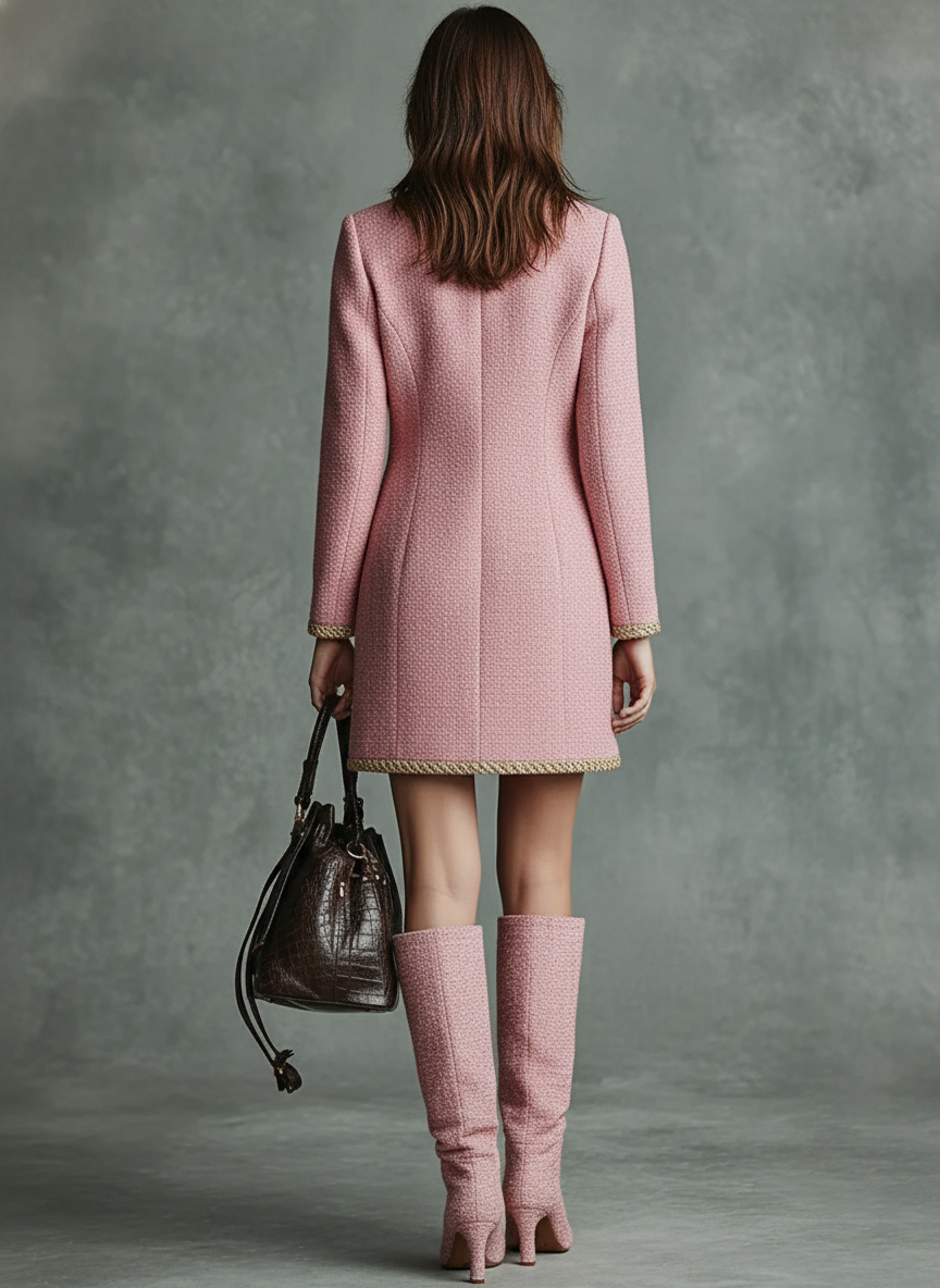 Women's Tweed Blend Crew Neck Single Breasted Mini Dress MDA2835J9Y