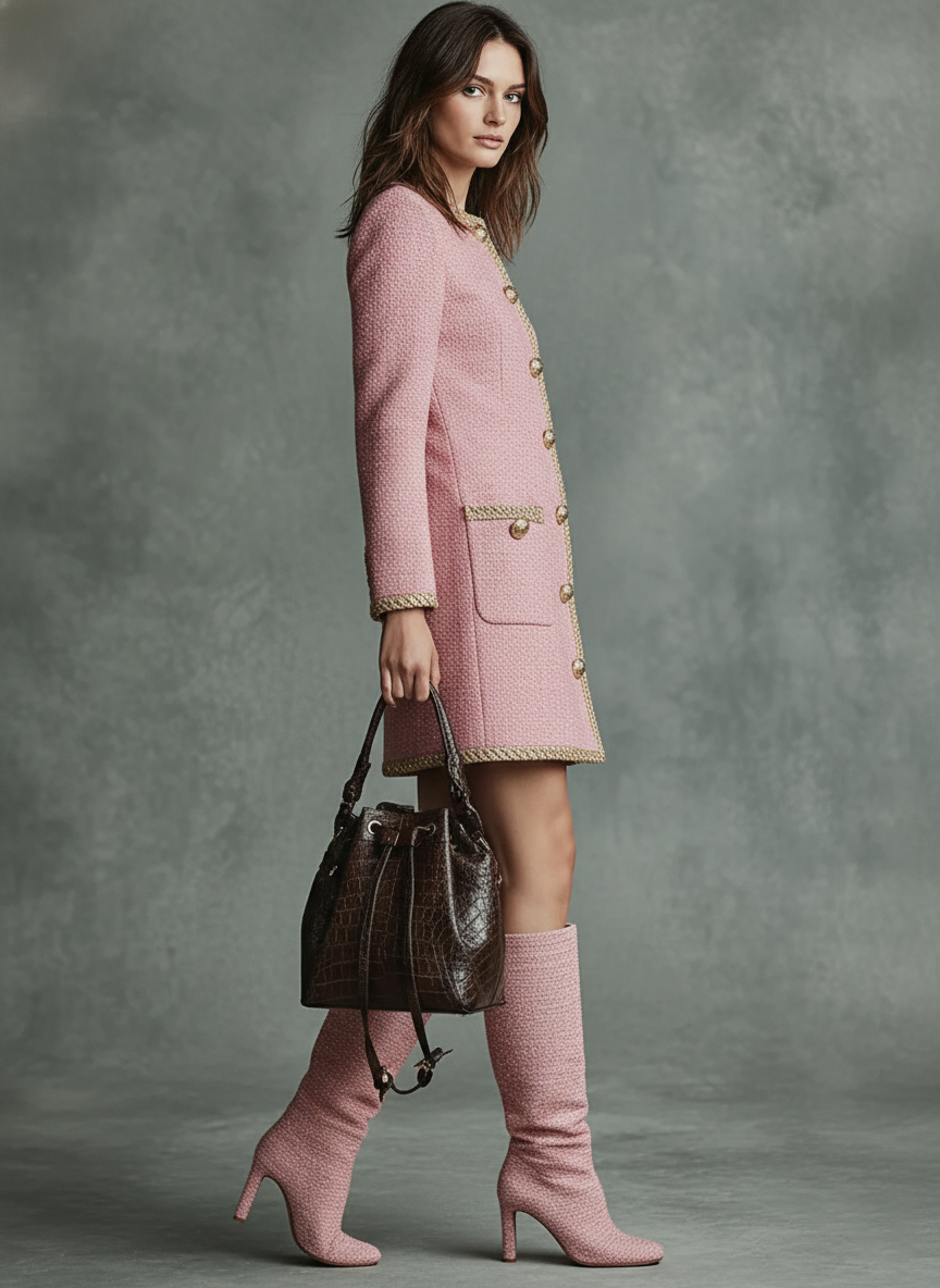 Women's Tweed Blend Crew Neck Single Breasted Mini Dress MDA2835J9Y