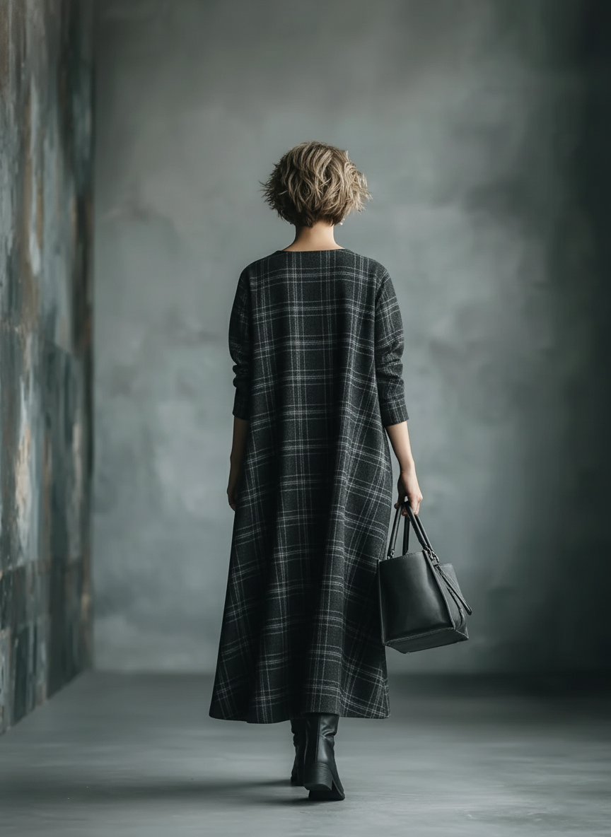 Women's Black And Gray Plaid Woolen Loose Maxi Dress MDA2531J8T