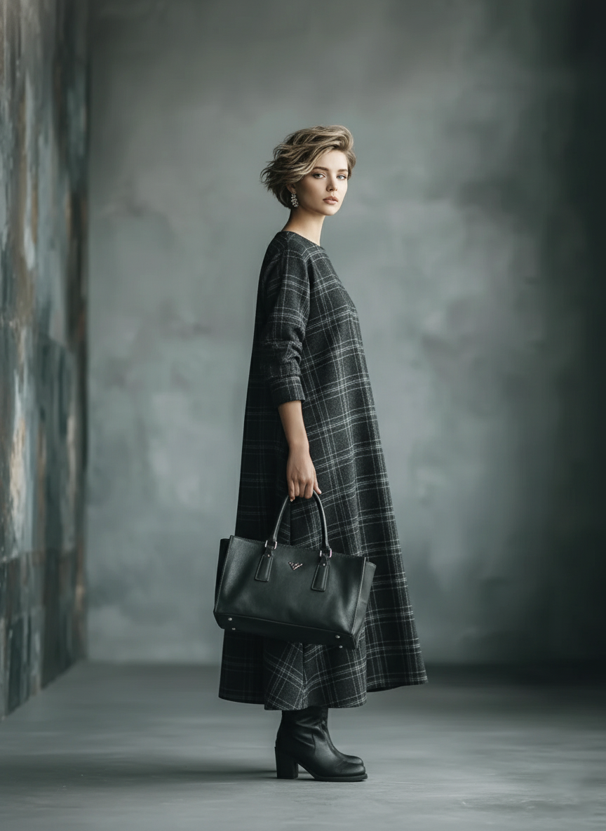 Women's Black And Gray Plaid Woolen Loose Maxi Dress MDA2531J8T