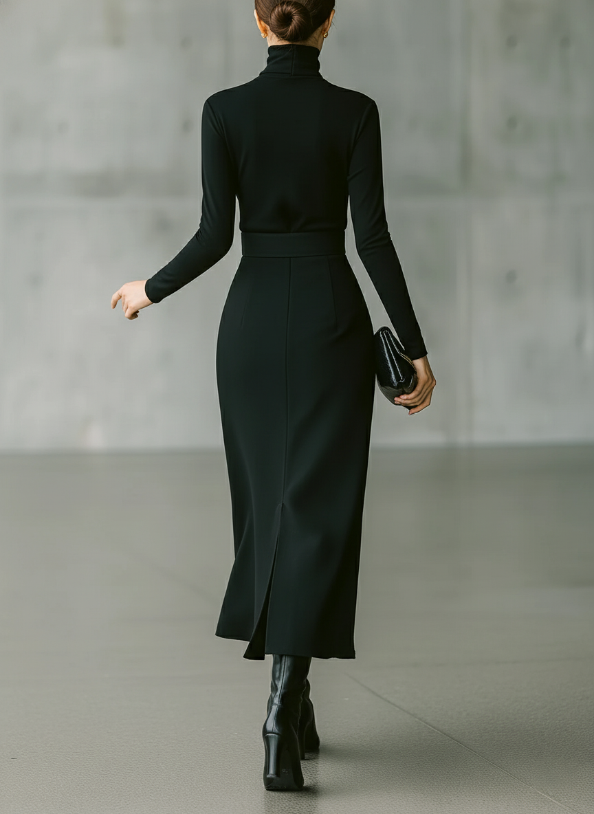 Women's Black High-Stretch Knit Top And Long Skirt Set MDA2811J7T