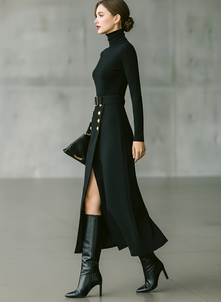 Women's Black High-Stretch Knit Top And Long Skirt Set MDA2811J7T