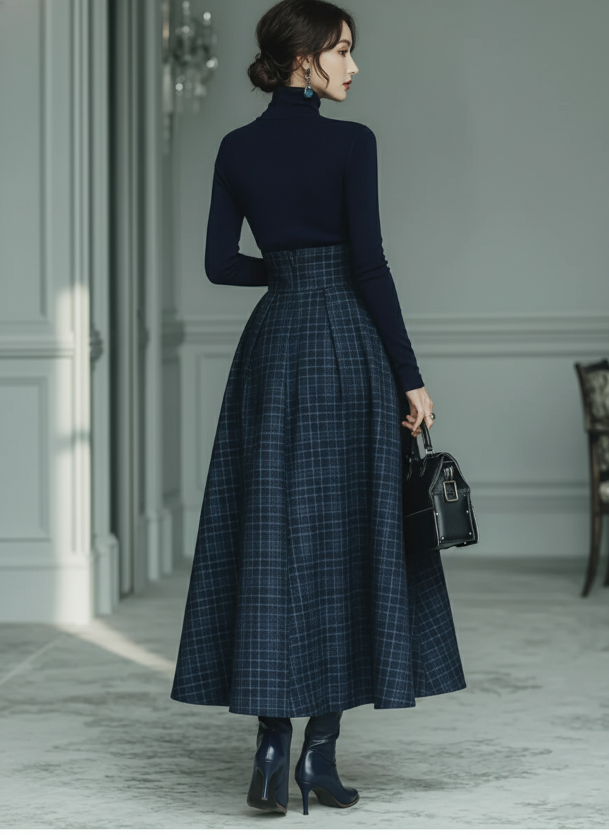 Women's Dark Blue High Elastic Knit And Plaid Wool Skirt Set MDA2592J7T