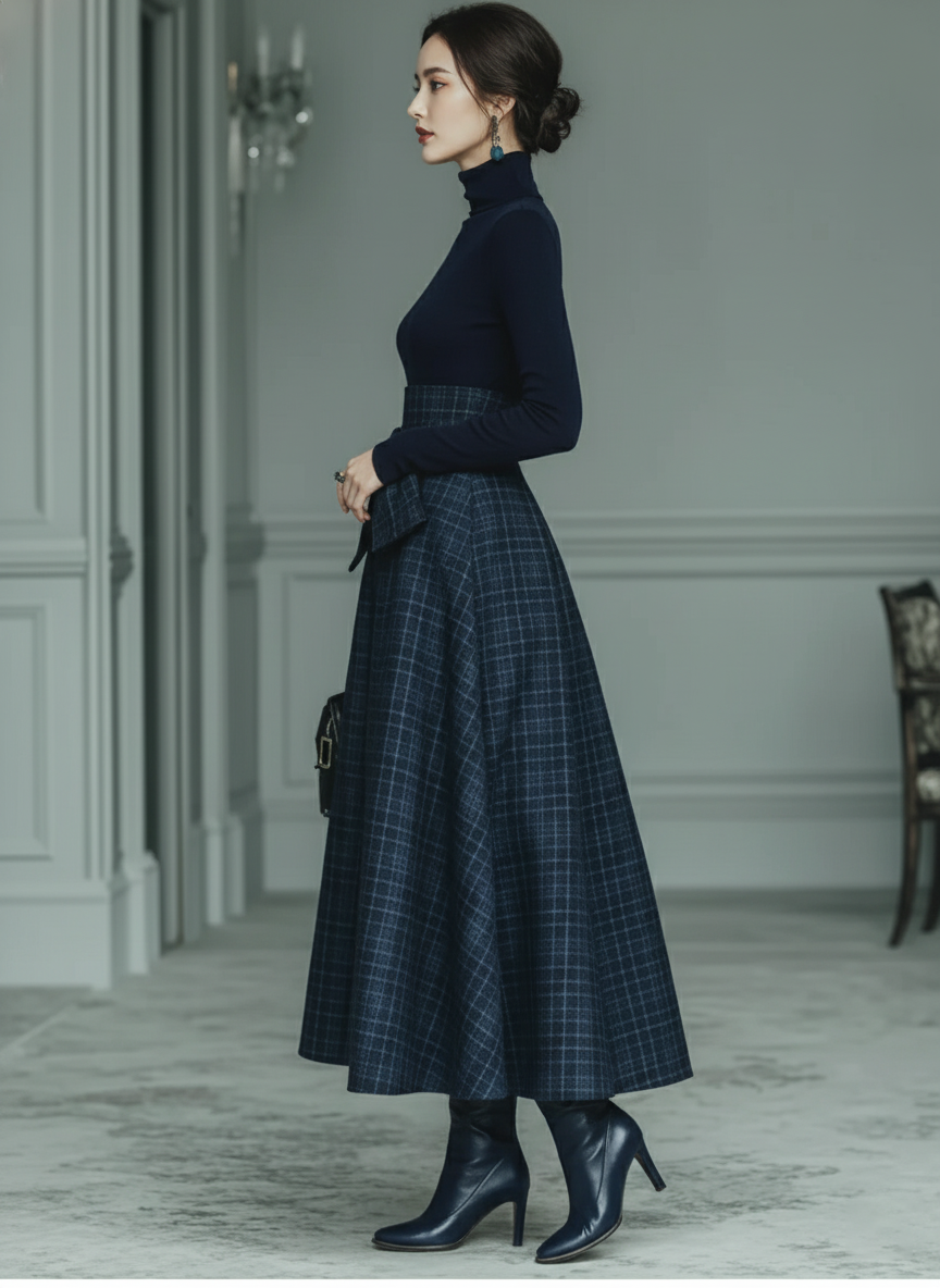 Women's Dark Blue High Elastic Knit And Plaid Wool Skirt Set MDA2592J7T