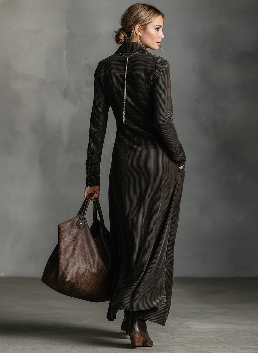 Women's Corduroy Single-breasted Lapel Maxi Dress MDA2192J8Y