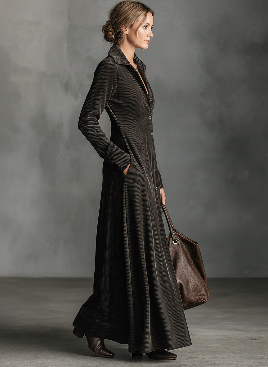 Women's Corduroy Single-breasted Lapel Maxi Dress MDA2192J8Y