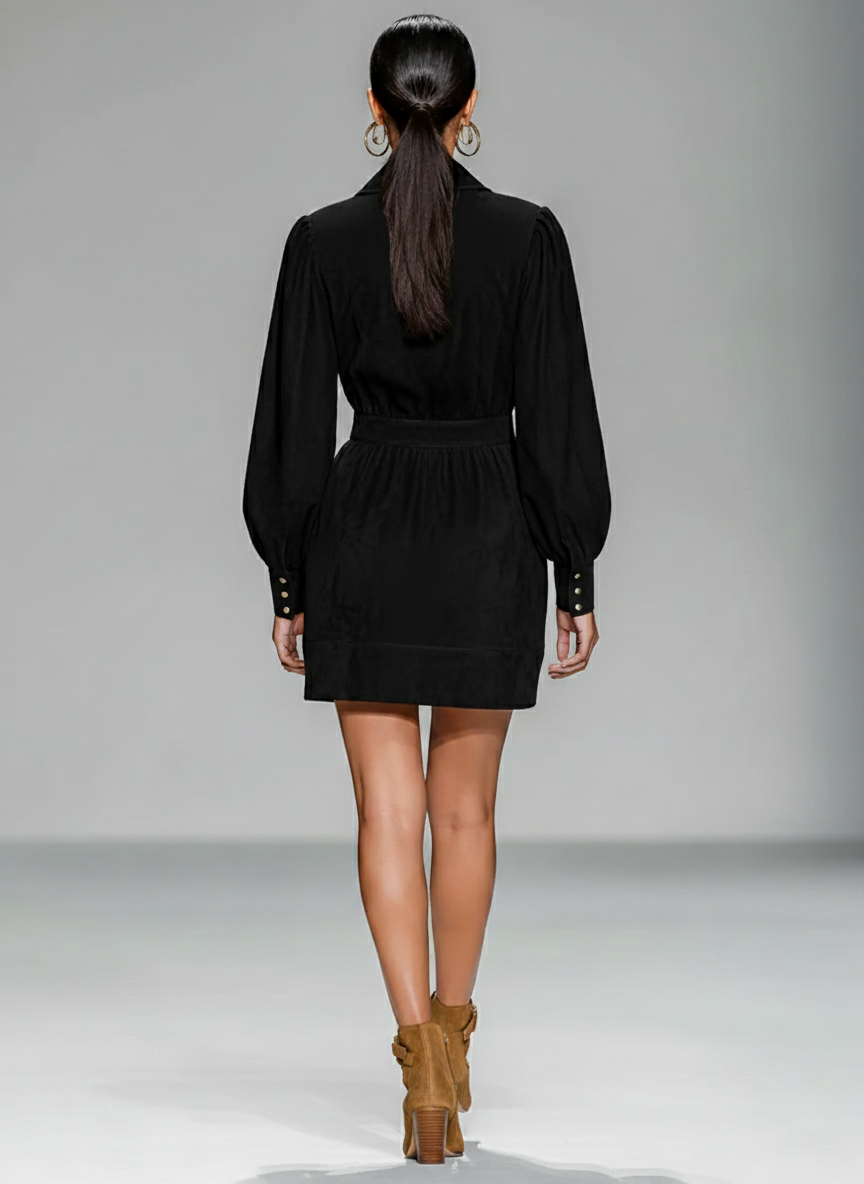 Women's Fitted Waist Faux Suede Embroidery Zipper Collar Mini Dress MDA3078J1Y