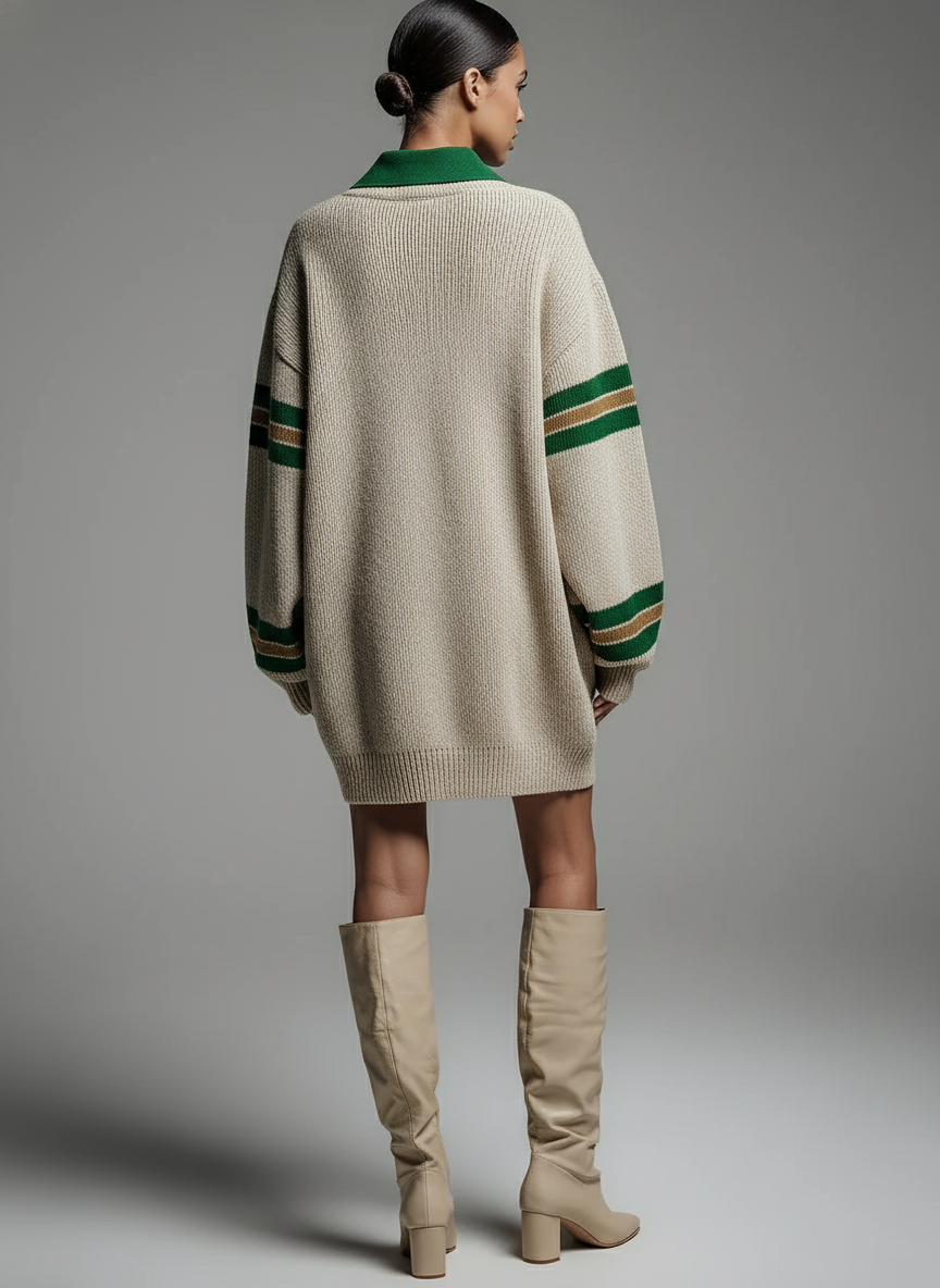 Women's Beige Color-blocked Knitted Collar Loose Sweater Midi Dress MDA3175J6T