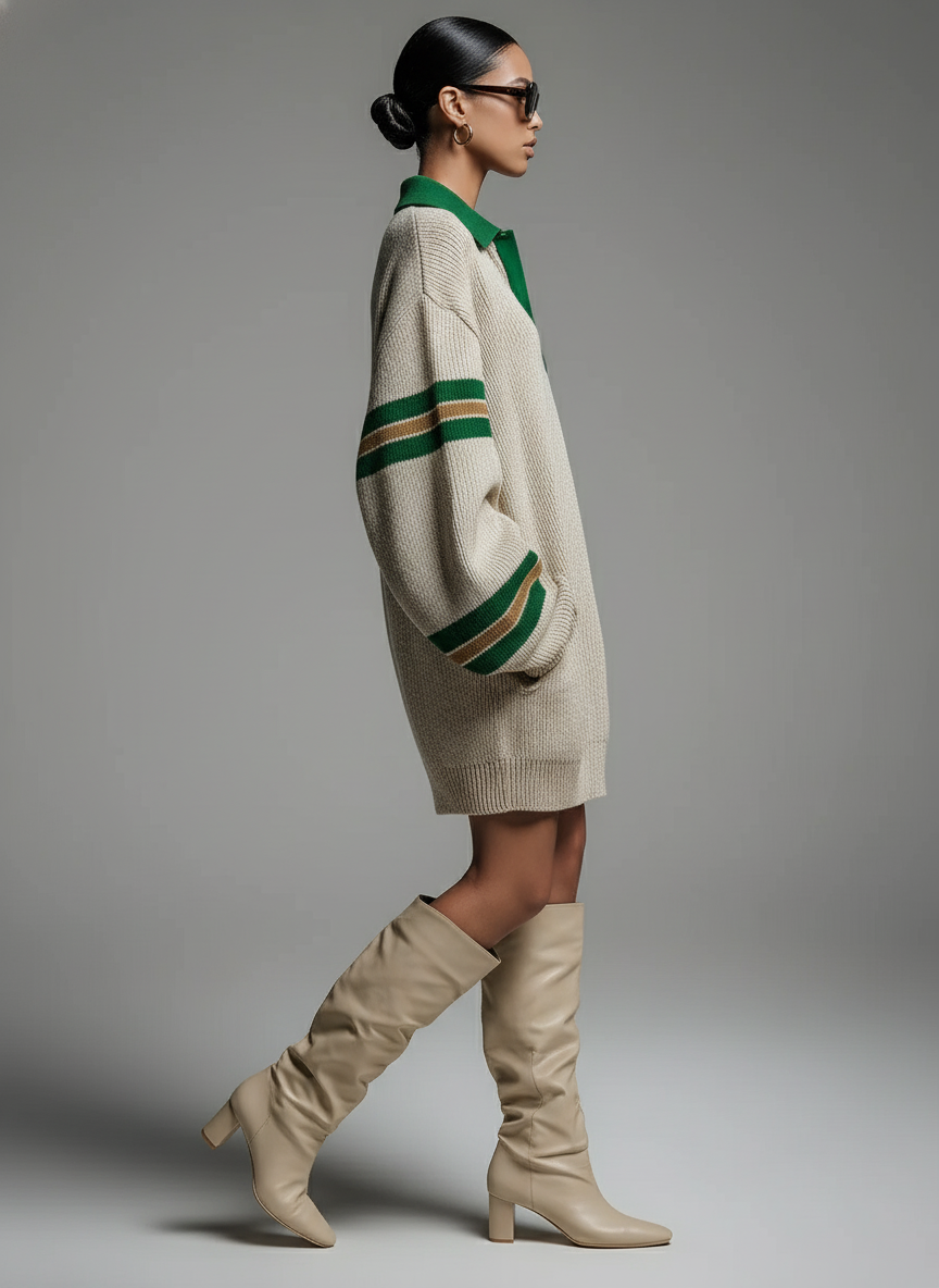 Women's Beige Color-blocked Knitted Collar Loose Sweater Midi Dress MDA3175J6T