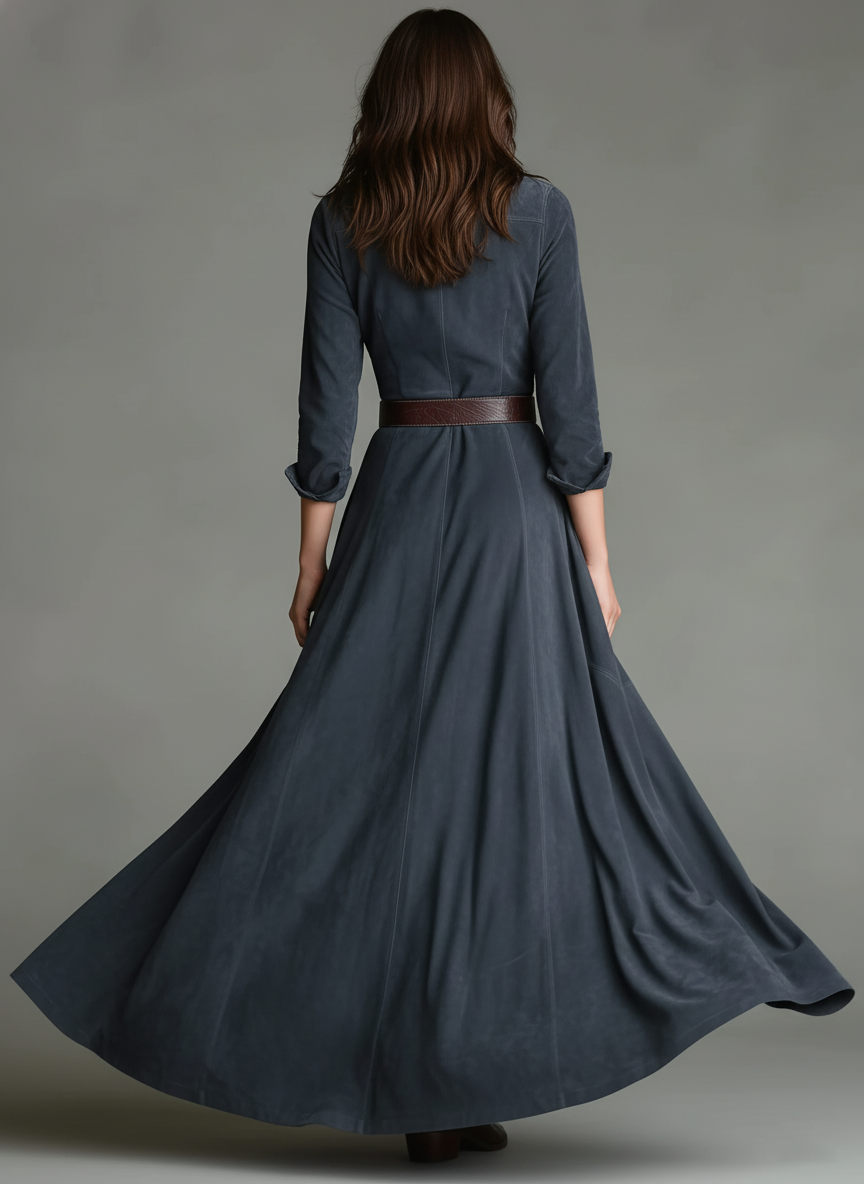 Women's Faux Suede Shirt Collar Single-breasted Belted Floor-length Dress MDA3183J4Y