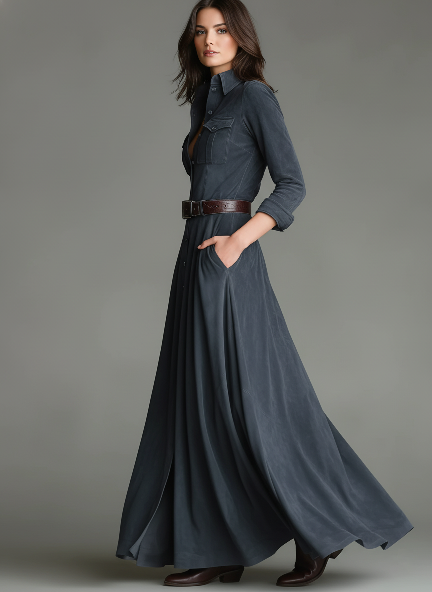 Women's Faux Suede Shirt Collar Single-breasted Belted Floor-length Dress MDA3183J4Y