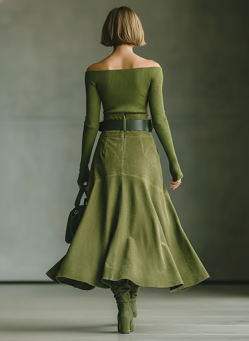 Women's Olive Green Off-the-Shoulder Sweater And Faux Suede Skirt Set MDA2434J6T