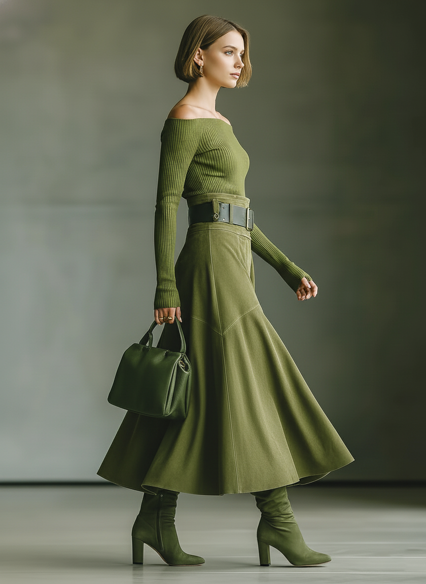 Women's Olive Green Off-the-Shoulder Sweater And Faux Suede Skirt Set MDA2434J6T