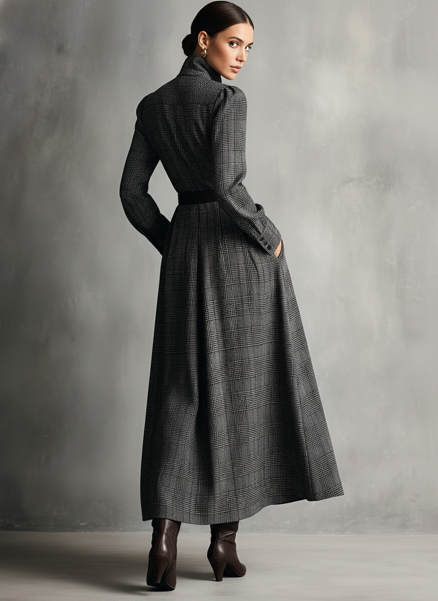 Women's Vintage Gray Plaid Cotton Blend Maxi Dress MDA2570J2I