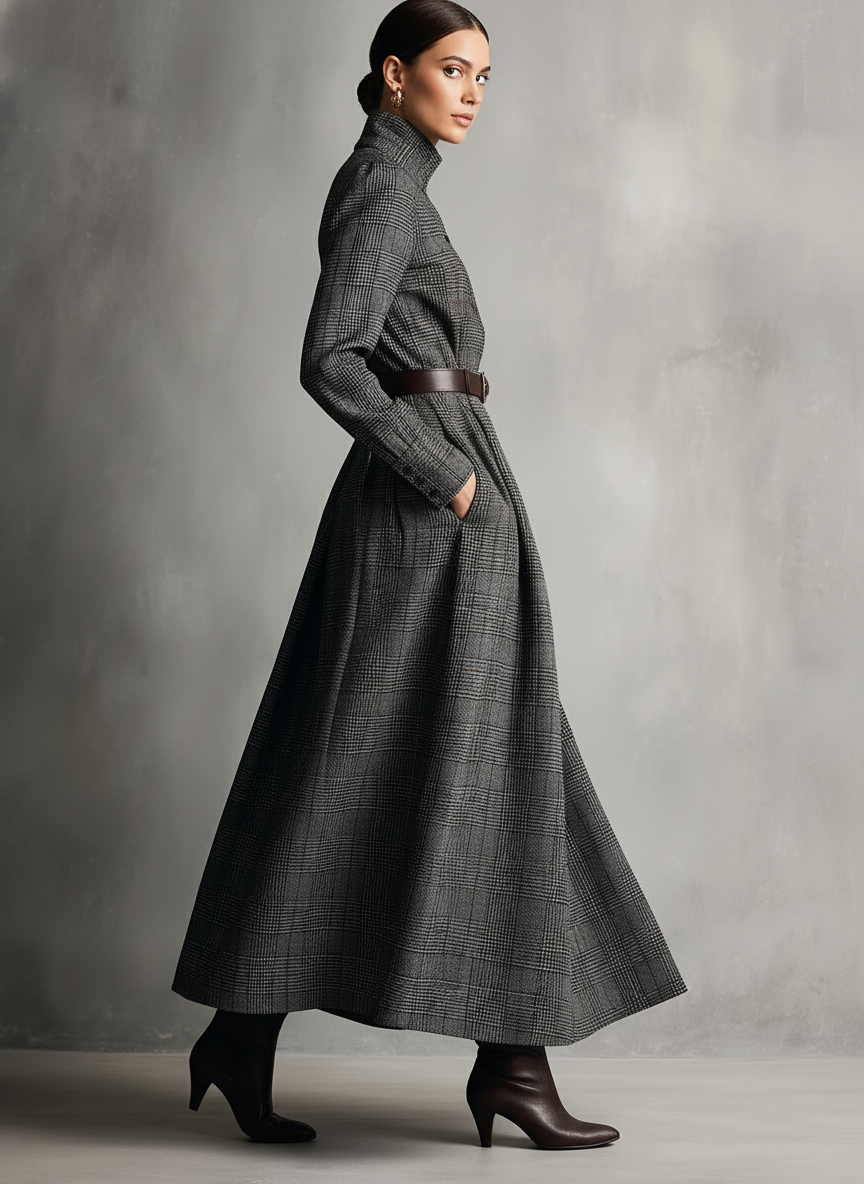 Women's Vintage Gray Plaid Cotton Blend Maxi Dress MDA2570J2I