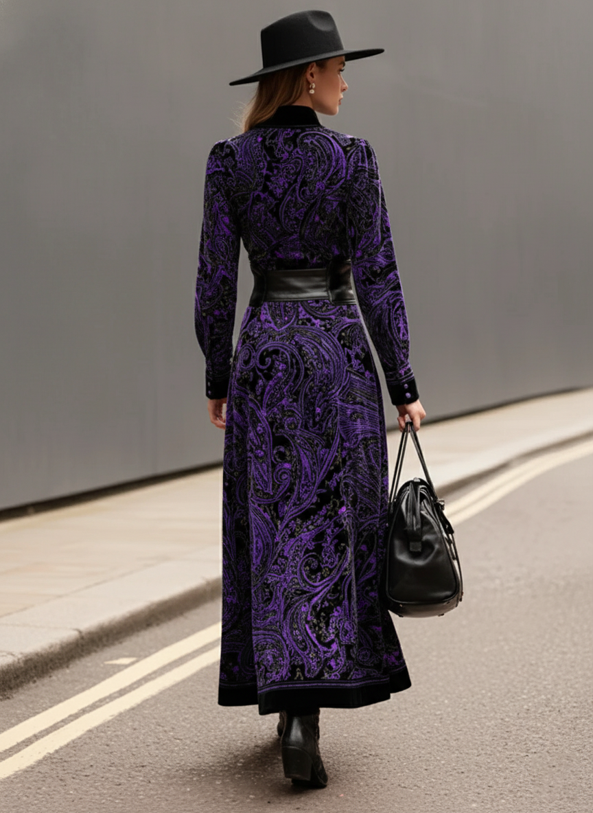 Women's Purple Velvet Boho Paisley Print Button-Front Maxi Dress (without belt) MDA3115J0I