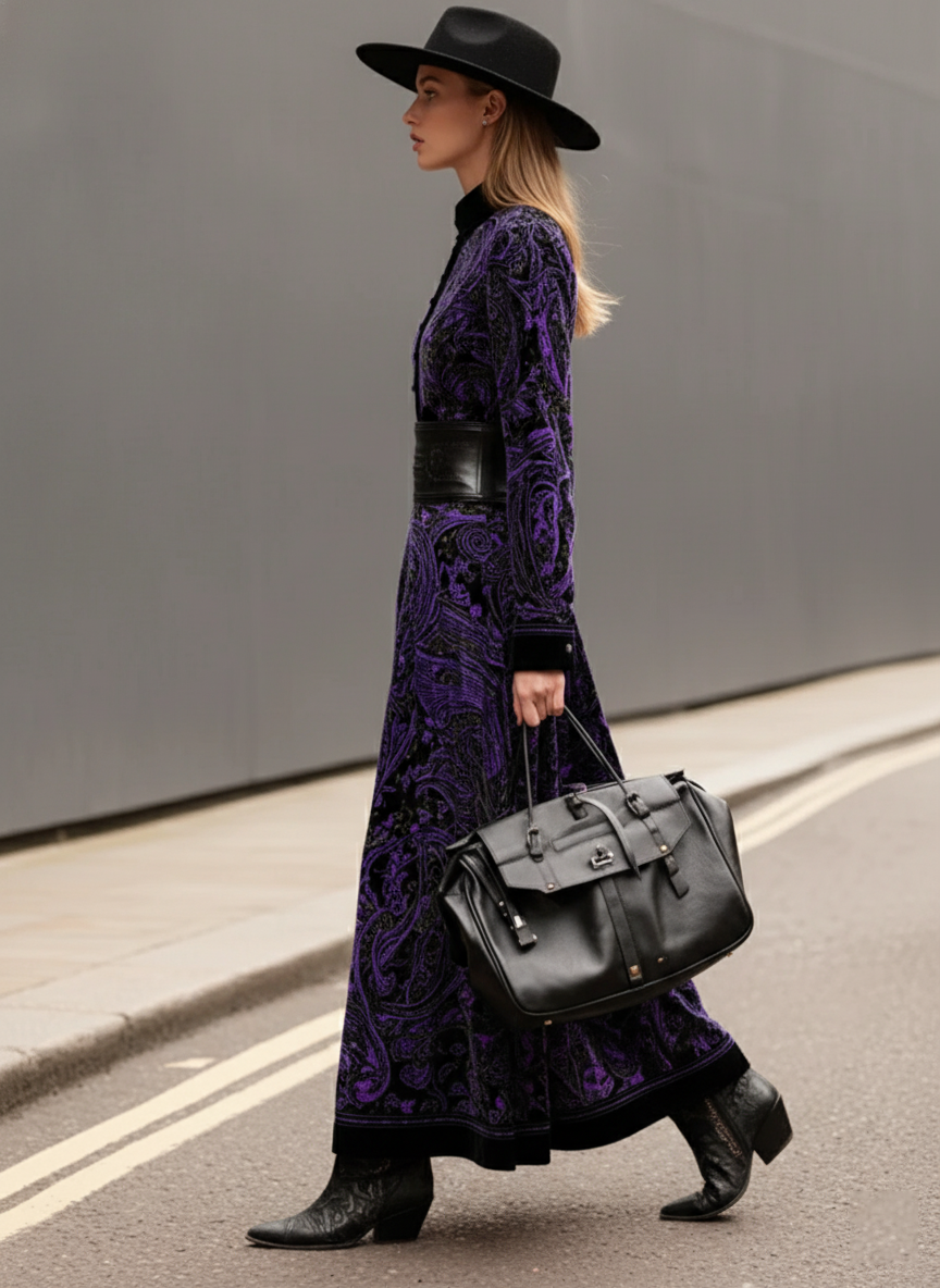 Women's Purple Velvet Boho Paisley Print Button-Front Maxi Dress (without belt) MDA3115J0I