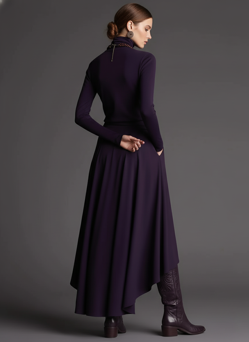 Women's Purple Soft Knit Elegant Set With Turtleneck Top & Asymmetric Maxi Skirt, Boho-Chic Style Set MDA3044J1I
