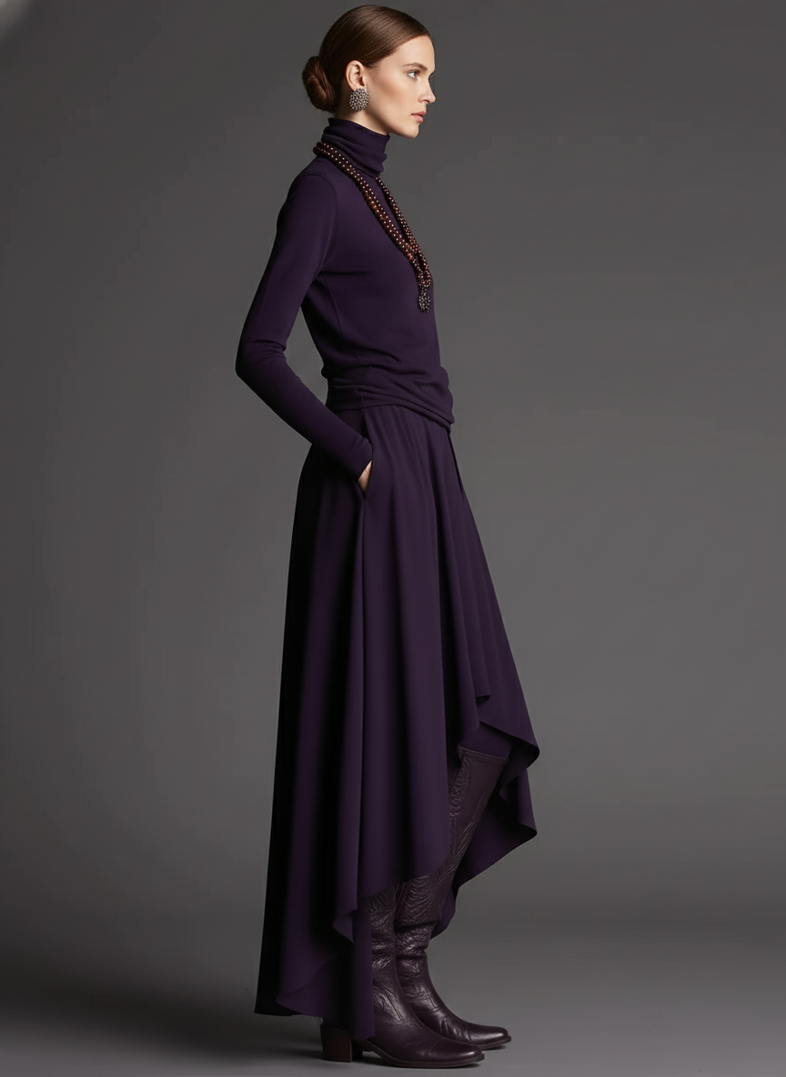 Women's Purple Soft Knit Elegant Set With Turtleneck Top & Asymmetric Maxi Skirt, Boho-Chic Style Set MDA3044J1I