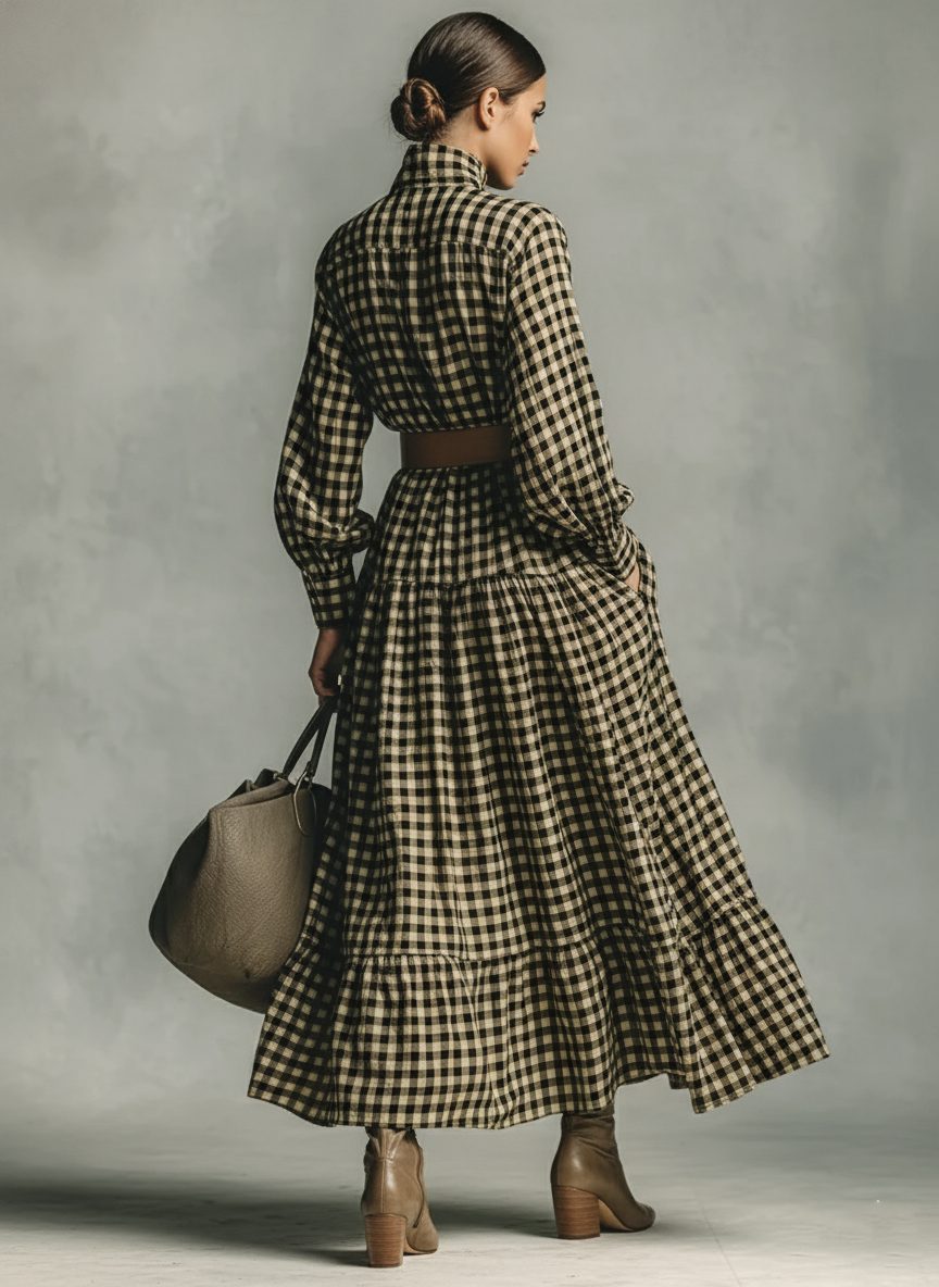 Women's Loose Plaid Stand-up Collar Maxi Dress (without Belt) MDA1678J6Y