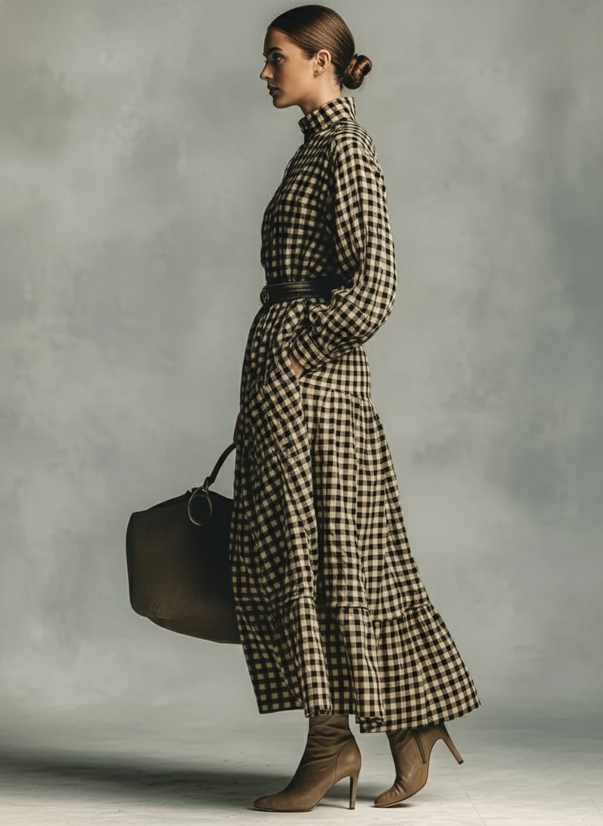 Women's Loose Plaid Stand-up Collar Maxi Dress (without Belt) MDA1678J6Y