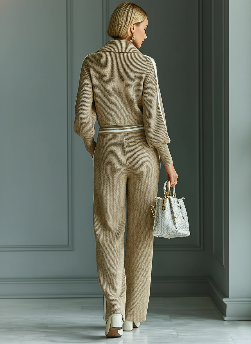 Women's Beige Knit Half-Zip Stand-Up Collar Top And Straight-Leg Pants Set MDA2776J2T
