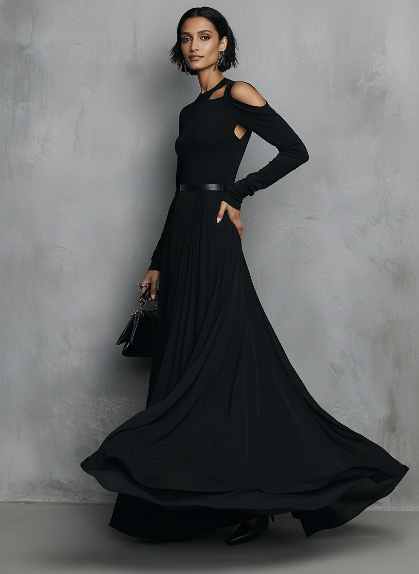 Women's Black Crepe Chic Cut-Out Sleeve High Neck Formal Gown Dress MDA3178J1I