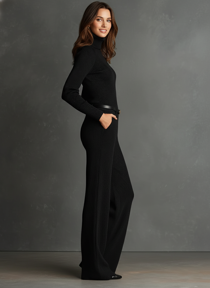 Women's Black Turtleneck Flared Knit Suit MDA2597J7I