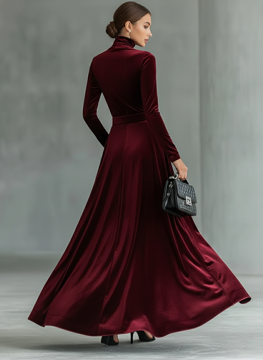 Women's Minimalist Velvet High-neck Belted Maxi Dress MDA2569J6Y