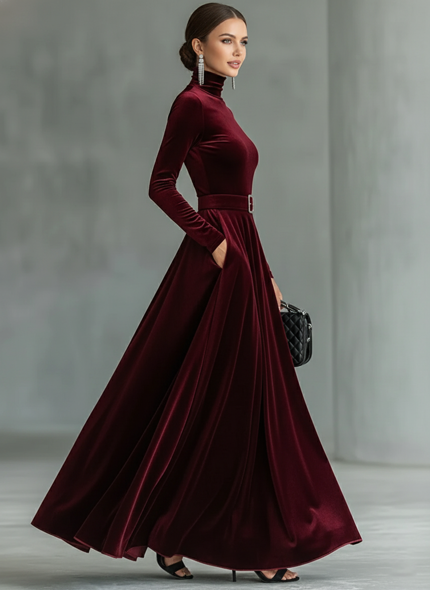 Women's Minimalist Velvet High-neck Belted Maxi Dress MDA2569J6Y