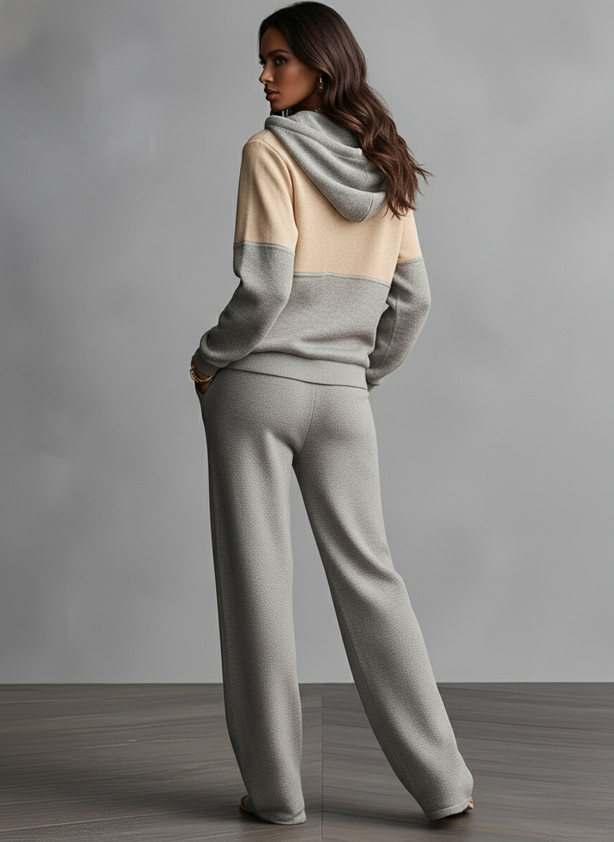 Women's Gray-Beige Cotton Blend Hooded Zipper Top And Wide-Leg Pants Urban Set MDA2981J0I