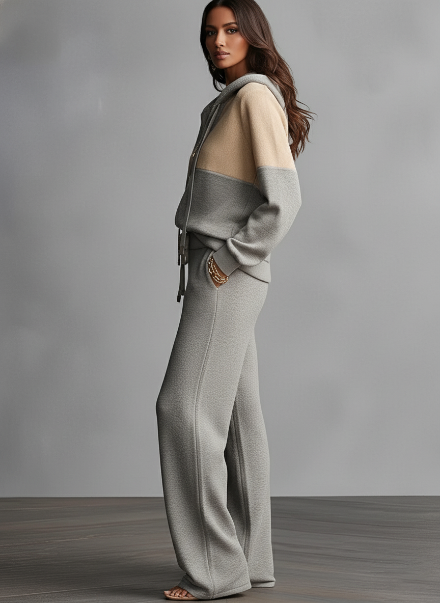 Women's Gray-Beige Cotton Blend Hooded Zipper Top And Wide-Leg Pants Urban Set MDA2981J0I