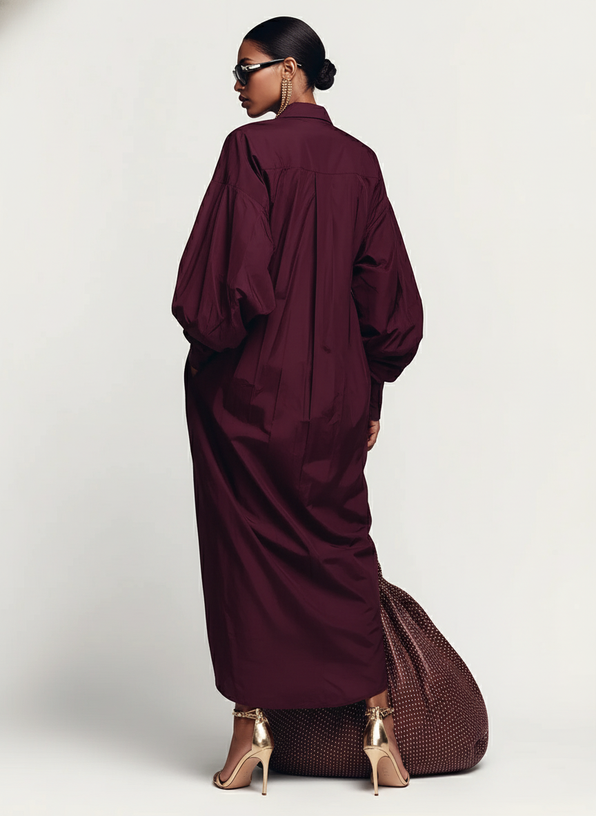Women's Burgundy Crisp Cotton Elegant Maxi Dress With Shirt Collar & Puff Sleeves, Avant-Garde Style Dress MDA3063J7I