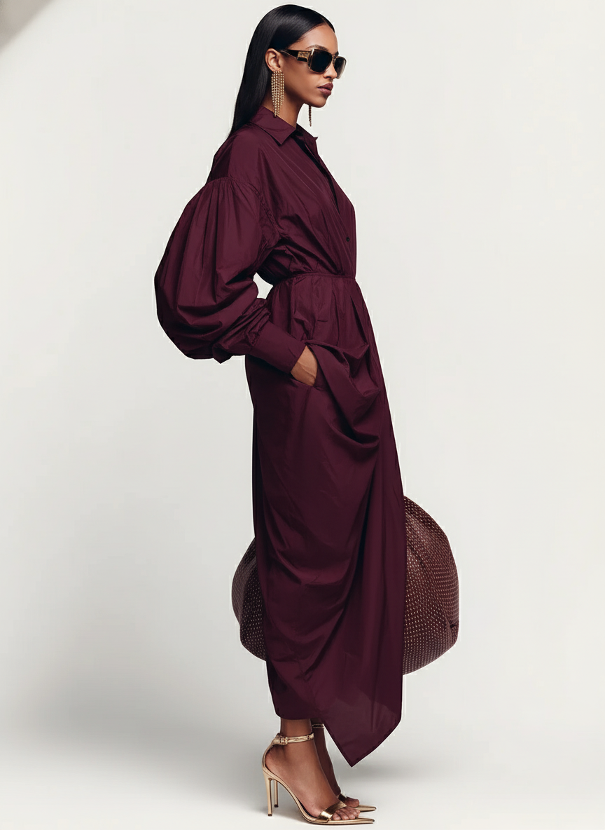 Women's Burgundy Crisp Cotton Elegant Maxi Dress With Shirt Collar & Puff Sleeves, Avant-Garde Style Dress MDA3063J7I