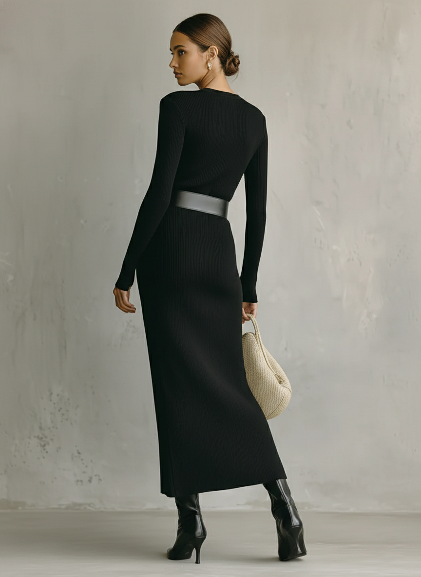 Women's Black Ribbed Knit V-Neck Slim Fit Maxi Dress MDA2840J4T